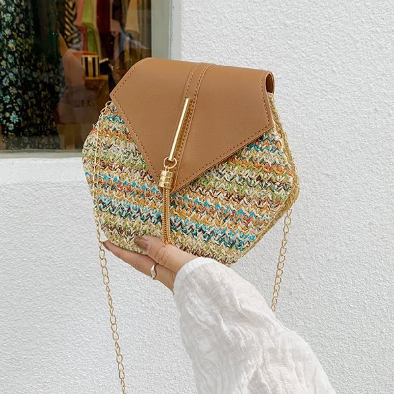 Women Spring Summer Woven Bags New 2022 Autumn Winter Straw Woven Bag Hexagonal Chain Shoulder Messenger Bag