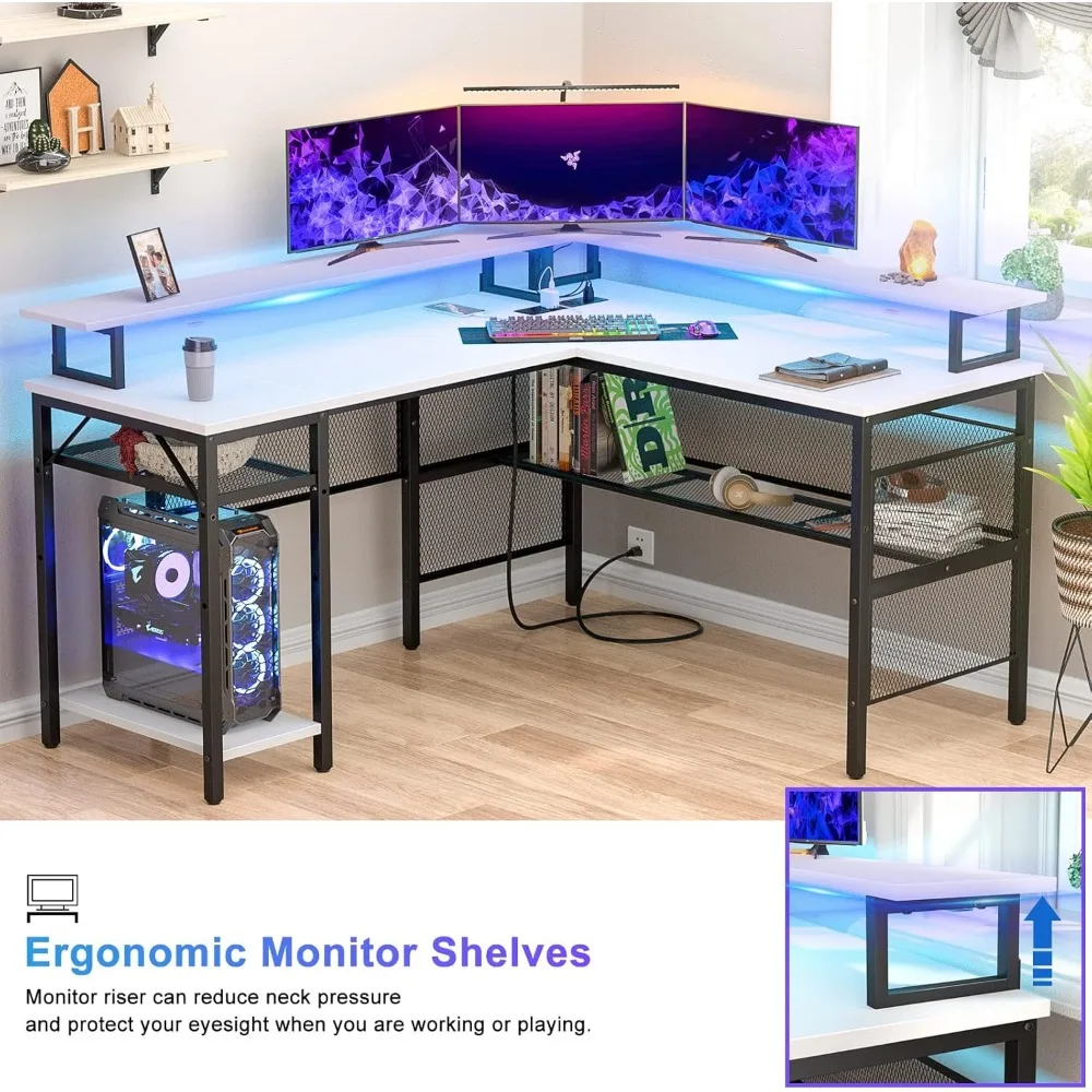 L-Shaped Desk with LED Strip and Power Outlets, Reversible Corner Computer Desk with Monitor Stand and Storage Shelf, 4