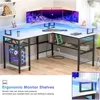 L-Shaped Desk with LED Strip and Power Outlets, Reversible Corner Computer Desk with Monitor Stand and Storage Shelf, 4