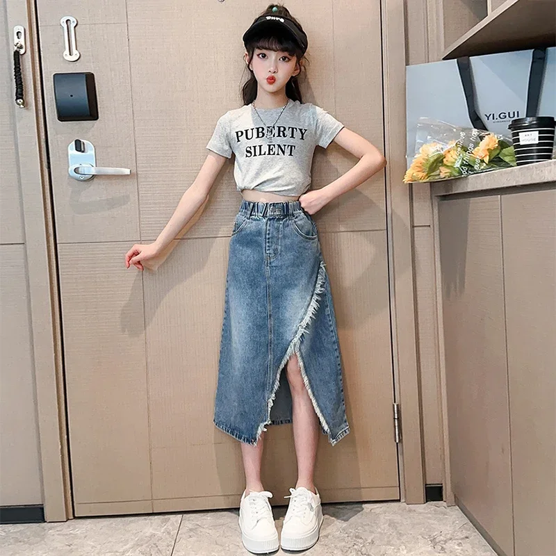 5 6 7 8 9 10 11 12 13 Year Teen Girls Denim Skirt New Fashion Korean Version Split Long Skirt Children Clothing Birthday Present