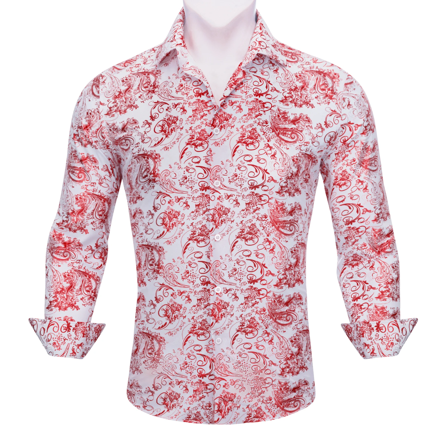 

Designer Mens Shirts Long Sleeve Silk Pink White Flower Slim Fit Turn Down Collar Male Blouse Casual Tops Breathable Barry Wang