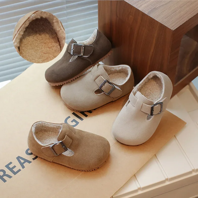 2024 Children Plush Leather Shoes for Girls Boys Winter New Fashion Korean Style Soft Bottom Keep Warm Anti-slippery Daily Flats