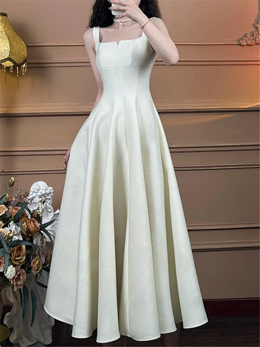 

Elegant White Dress Women Summer 2023 New Squae Collar Fashion Evening Ladies Vestidos Vintage Slim Midi Dresses Female Clothes
