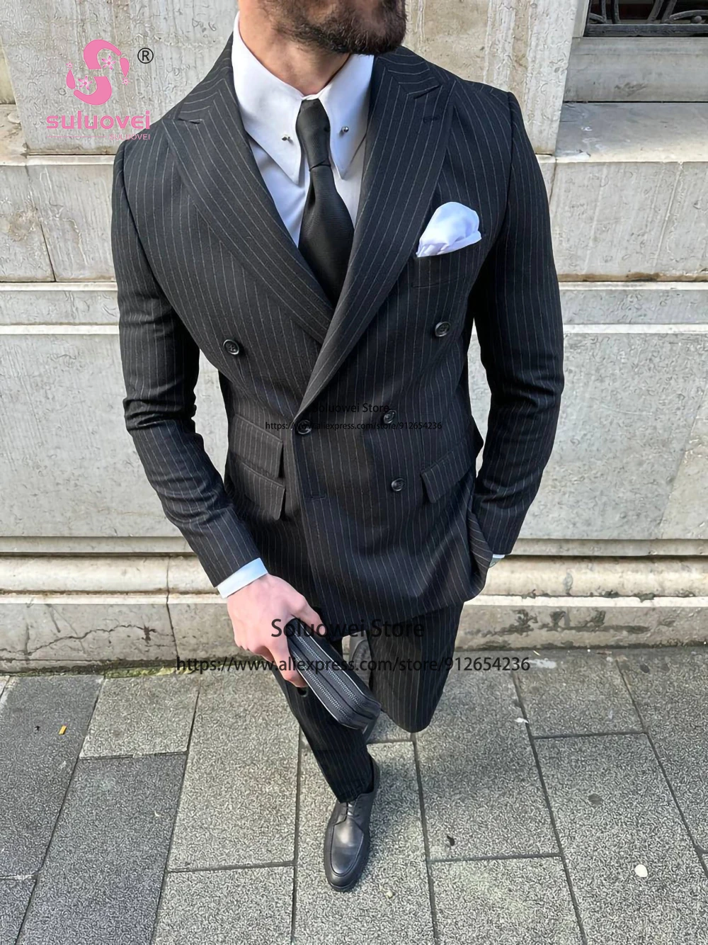 Fashion Peaked Lapel Striped Suits For Men Slim Fit 2 Piece Pants Set Prom Groom Wedding Double Breasted Tuxedo Blazer Masculino