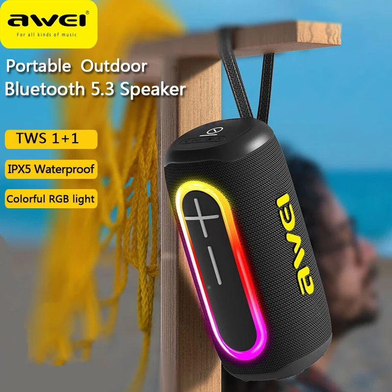 AweiY885PortableOutdoorBluetoothSpeakerWithCoolRGBColorfulLightIPX5WaterproofTWS