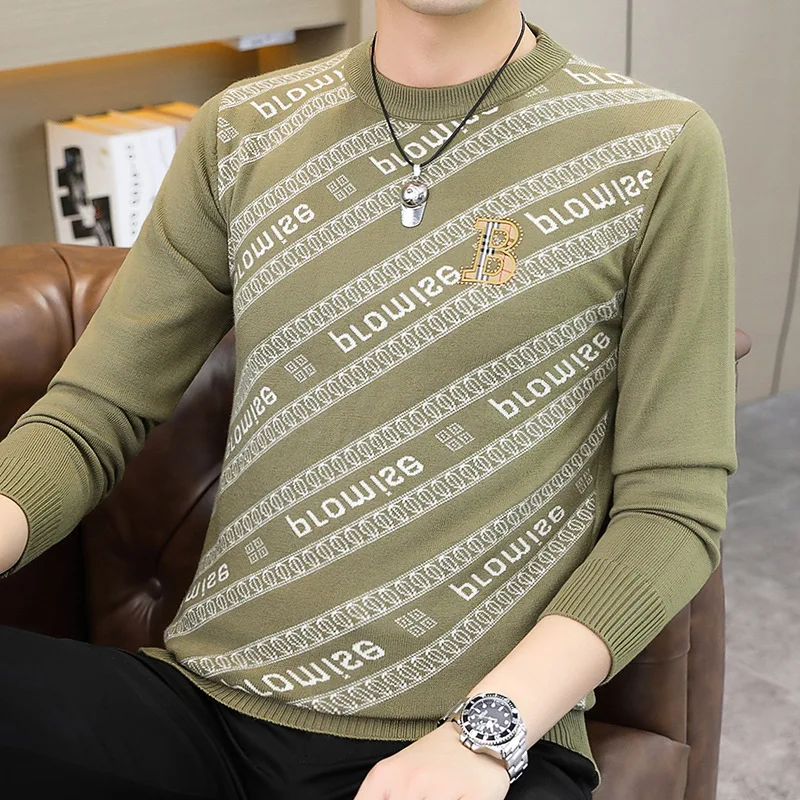Men's Long-Sleeved Sweater Autumn High-End round Neck Wool Sweater Men's Fashion Casual All-Matching Tops