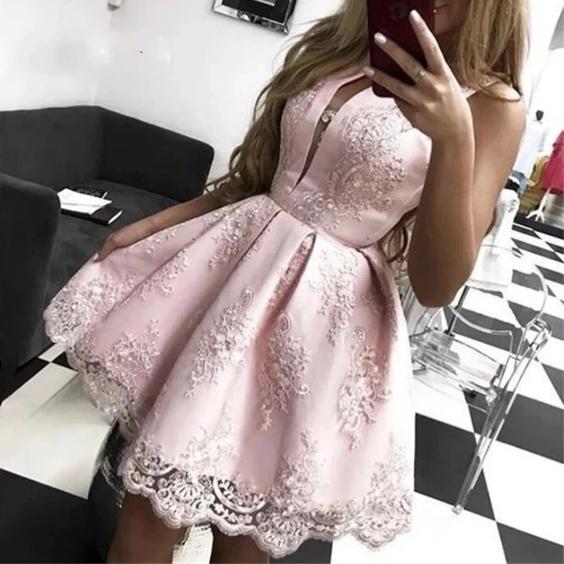 

ANGELSBRIDEP розовое платье для встречи выпускников 2023 ТРАПЕЦИЕВИДНОЕ кружевное короткое мини-платье без рукавов с аппликацией для выпускного вечера Элегантное коктейльное платье