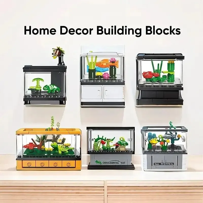 Building Block Toy Micro Fish Tank Series Building Blocks Set Clownfish Lobster Display Box Model Children Creative Diy Educational Bricks