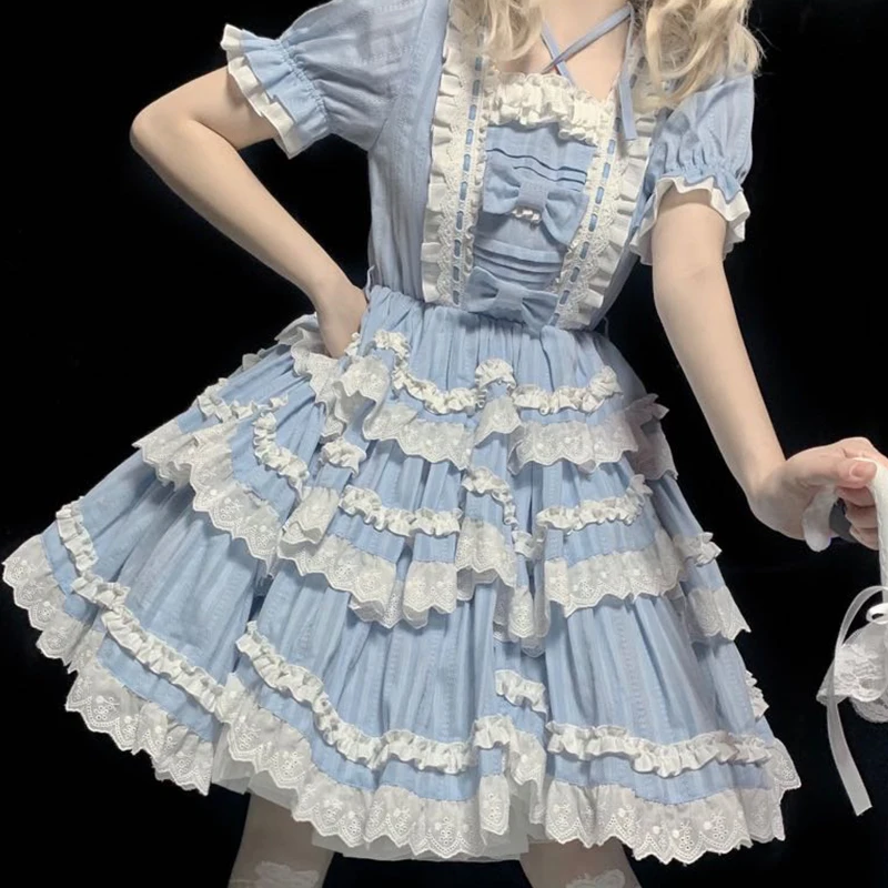 

Japanese Sweet Lolita Dress Vintage Lace Bowknot Cross Straps High Waist Fairy Victorian Dress Kawaii Girl Lolita Op Loli Cosp