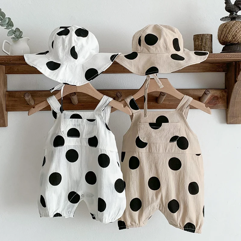 

Newborn Baby Boys Girls Jumpsuit+Hat Sleeveless Cotton Dot Printing Toddler Baby Boys Girl Romper Baby Clothes For Summer