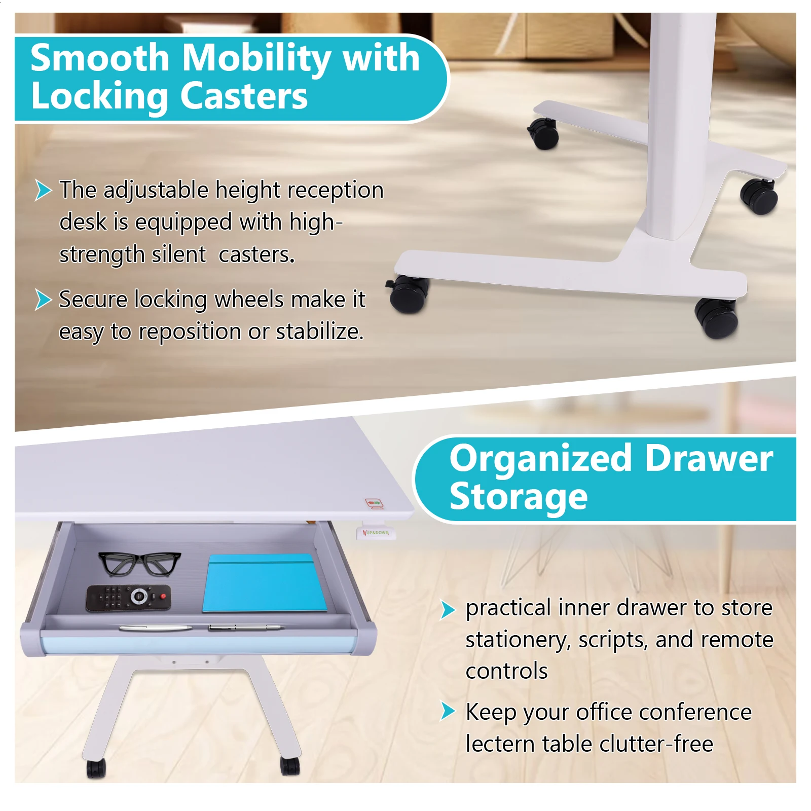 Mobile Metal Lectern with Wheels Adjustable Height Reception Desk Office Conference Lectern Table for School Office Home