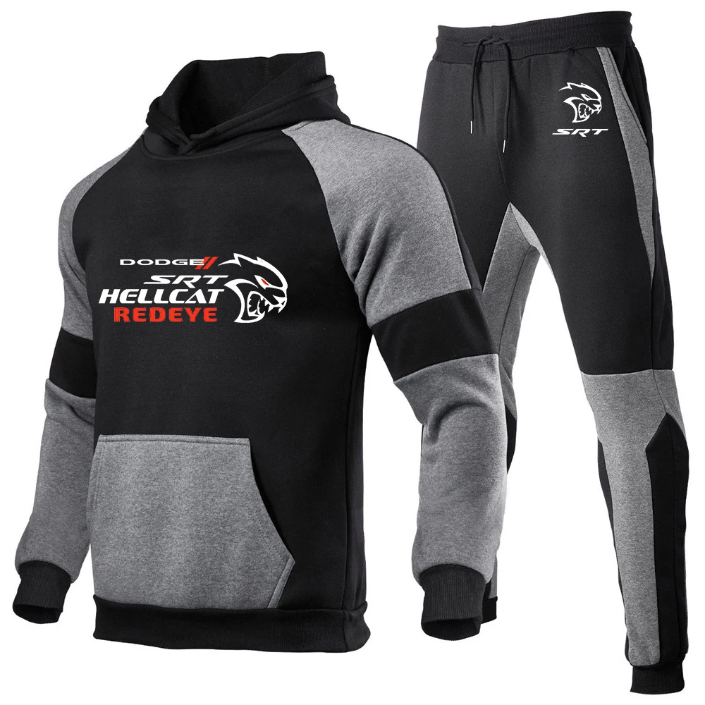 SRT Hellcat 2023 men's new long-sleeved cotton splicing hooded sweater printed warm pullover jacket+pants casual sportswear suit