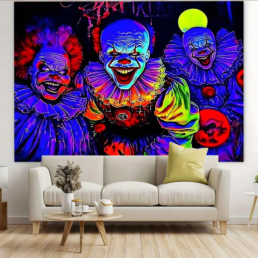 1-schreckendes Clown-Hintergrundbanner, leuchtende Neonfarben, Polyester, geeignet für Partys im Innen- und Außenbereich, Geburtstage – Detail 7