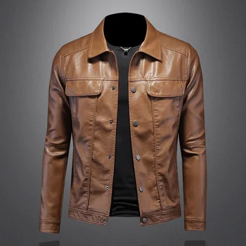 2024 Autumn and Winter New Men's Fashion Handsome with Solid Color Boutique Lapel Motorcycle Leather Coat Slim Fashion  M-5XL