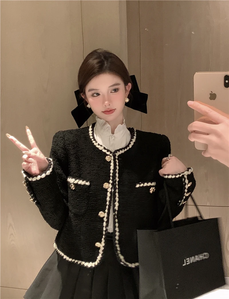 Vintage Tweed Jackets Women Elegant Black Cropped Suit Coat Korean Thicken Blazer Single Breasted Short Outerwear Tops New