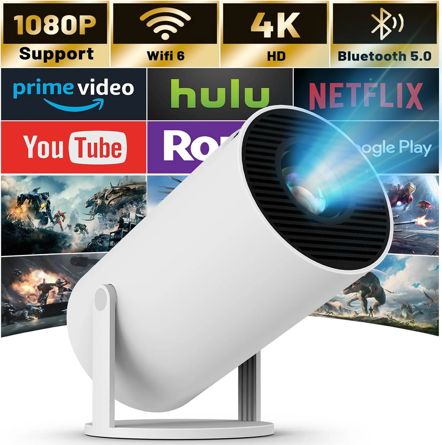XFY 미니 HY300 프로젝터 (5G WIFI 및 블루투스 지원, 4K 1080P 지원, 휴대용 프로젝터, 180도 회전) °   회전식 자동 키스톤 프로젝터