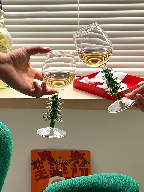 Christmas Wine Glasses Colored Glass Wine Cup Gift Box Christmas Tree  Decorated Glass Cup Goblet Christmas Gifts Champagne