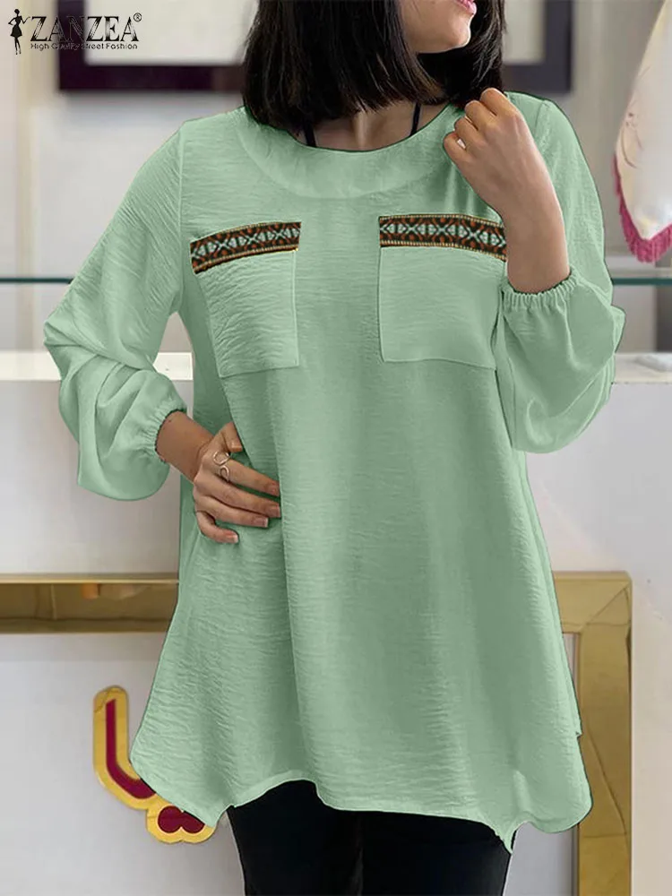 

Блузка ZANZEA Женская с длинным рукавом, дизайнерская свободная Однотонная рубашка с длинными рукавами и карманами, в стиле кэжуал, лето 2024