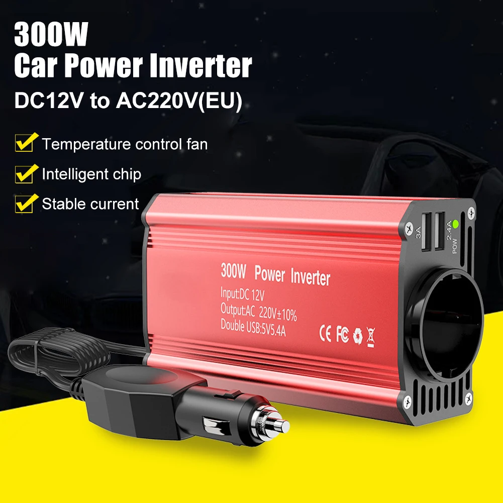 

300W Car Power Inverter DC12V to AC 110V/220V Power Conversion Adapter Dual USB 3A Fast Charging Modified Sine Wave with Fan