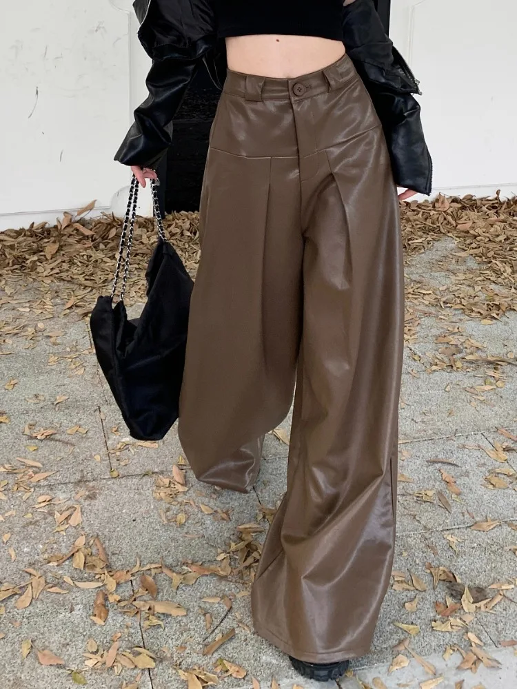 ADAgirl Vintage Wide Leg Leather Pants Streetwear High Waist Straight Pants Women Korean Style Loose Causal Trousers Office Lady adagirl dark blue jeans y2k women streetwear vintage baggy korean straight lady pants harajuku high waisted mujer denim trousers