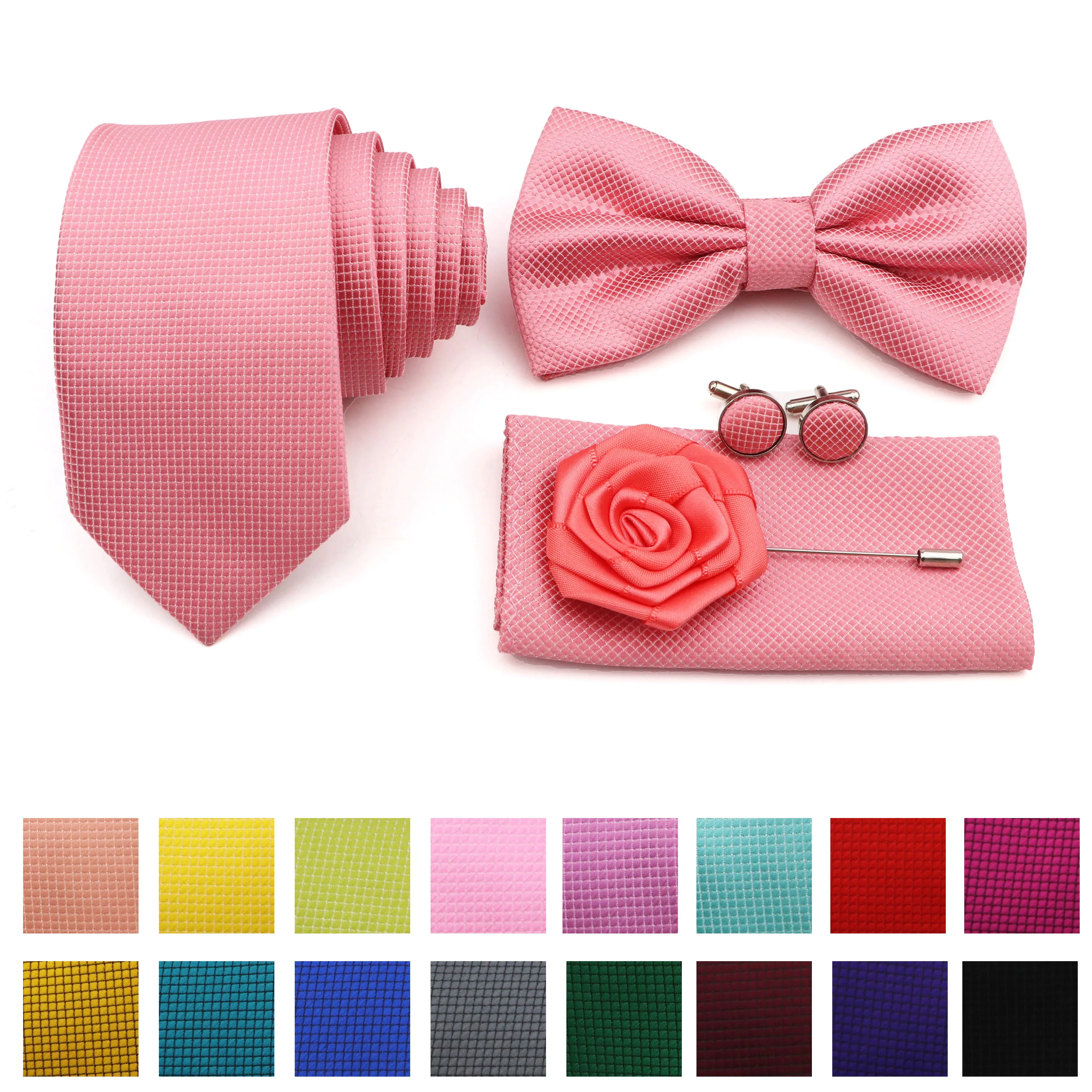 

5 Pcs Slim Plaid Tie Set Polyester Pink Blue Necktie Bowtie Cufflink Brooch For Groom Suit Wedding Cravat Shirt Accessory Gift