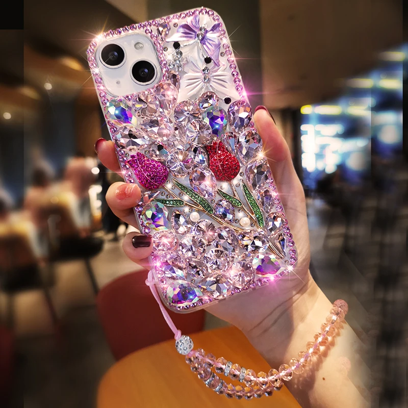 

Fashion 3D Diamond Butterfly Rose Flower Crystal Bracelet Chain Case For iphone 15 14 13 12 Mini Pro Max 11 7 8 Plus X XR XS Max