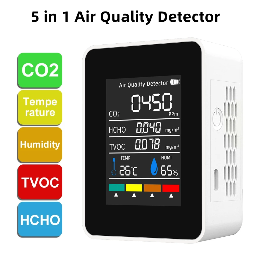 

5 в 1 цифровой детектор качества воздуха CO2 HCHO TVOC TEMP HUMI Monitor тестер детектор диоксида углерода ЖК перезаряжаемый монитор
