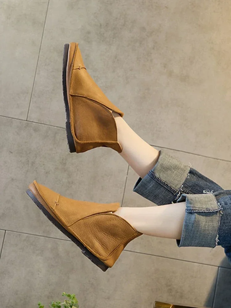 

Birkuir Retro Ankle Boots For Women Handmade Genuine Leather Sewn Round Toe Chelsea Boots Flats Shoes Luxury Casual Short Boots