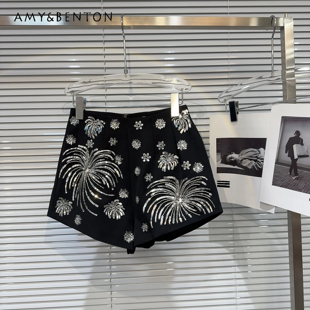 2024 Summer New High-Grade Silver Paillette Vintage Embroidered Shorts Women High Waist Slimming Wide-Leg Pants Fashion Shorts