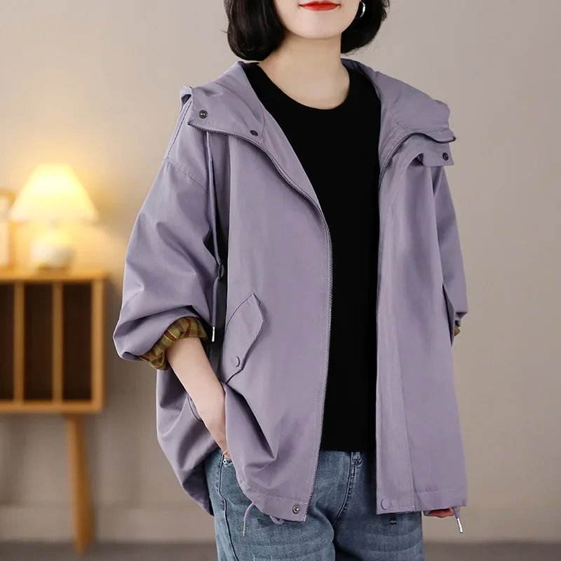 Trendy Hooded Women's Long Sleeve Loose Fit Coat Artistic Versatile plus Size Slimming Spring Autumn Casual Outerwear