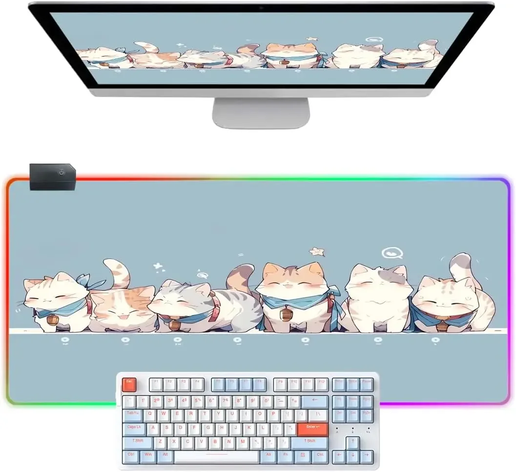 Anime Blue RGB Gaming Mouse Pad Large LED Light Desk Mat Non-Slip Base Laptop Mat Cute Animal Cats Mousepad Big Computer