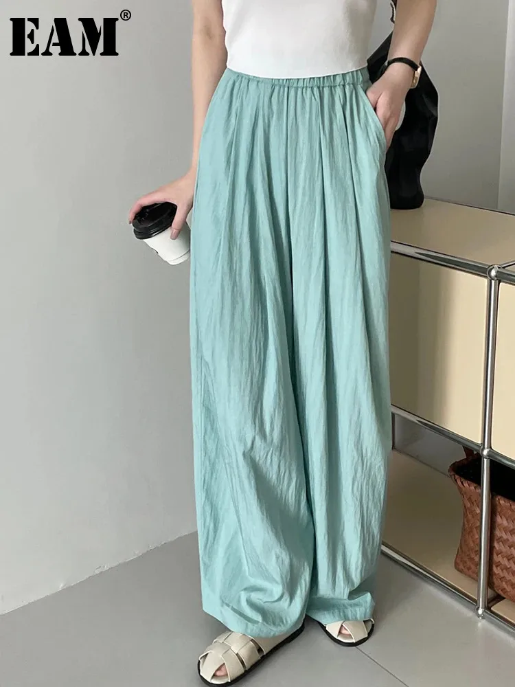 

[EAM] High Elastic Waist Blue Brief Long Wide Leg Casual Pants New Trousers Women Fashion Tide Spring Autumn 2024 1DH5603