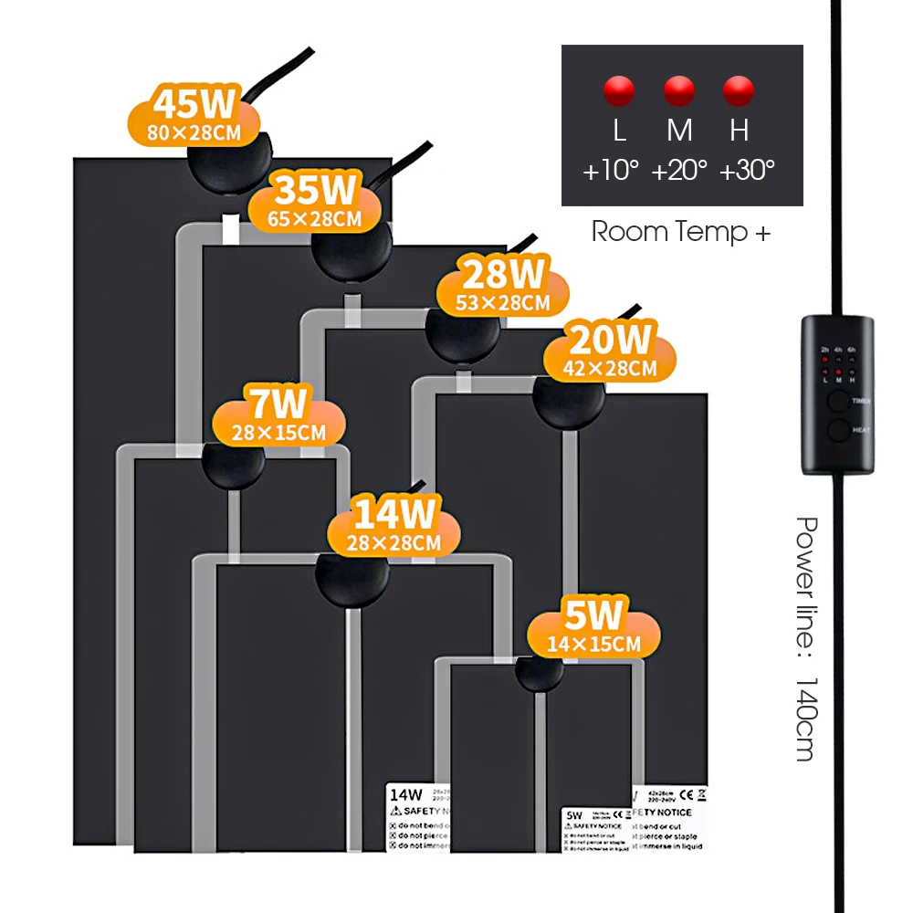 Alfombrilla de calor con temporizador, calentador de calor con controlador de temperatura de 3 engranajes, almohadilla de calefacción de plantas de grafeno, calentadores de terrario para reptiles, 5-45W, 2/4/6H, 1 unidad