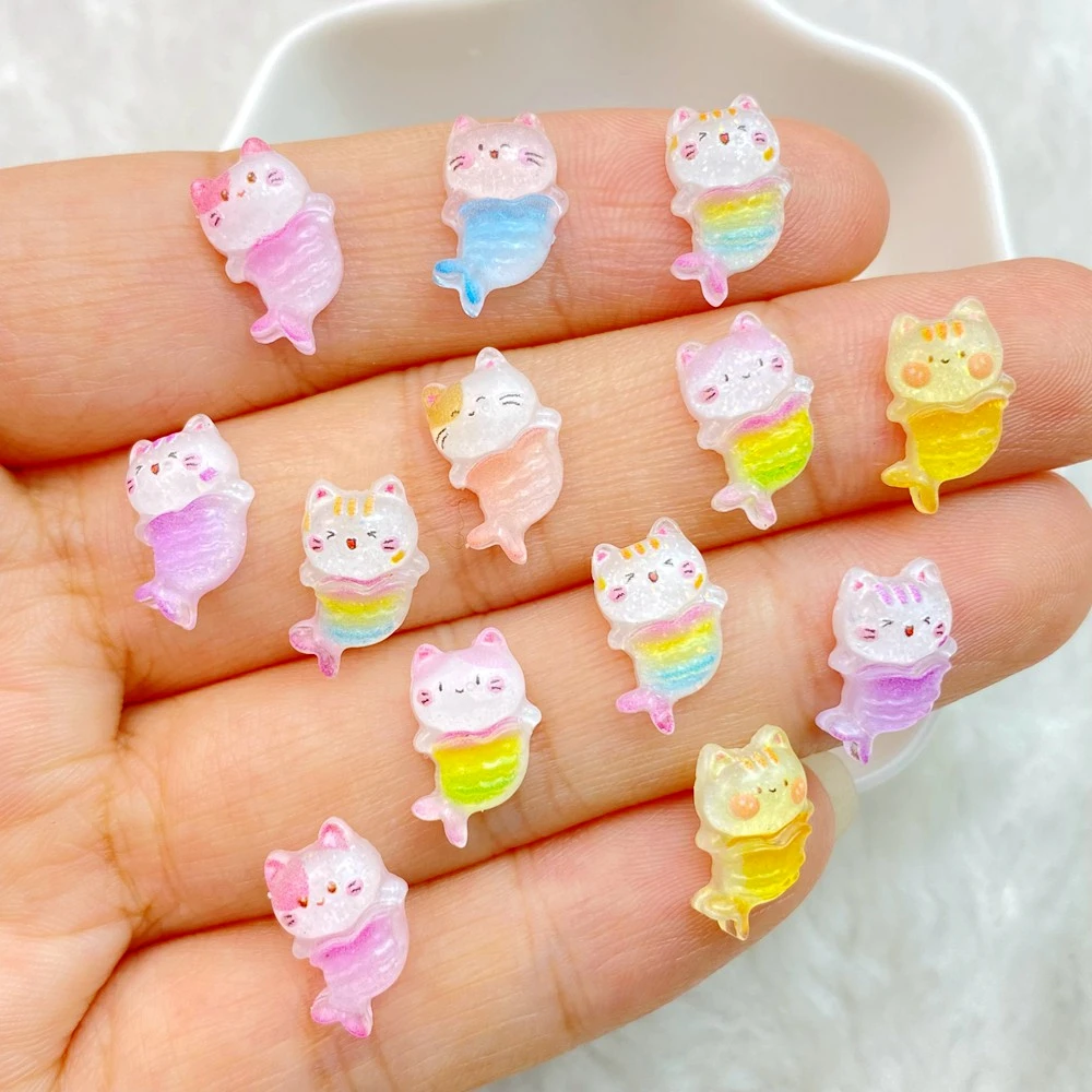 50Pcs New Cute Resin Mini Little Cat Mermaid Series Flat Back Manicure Parts Embellishments For Hair Bows Accessories