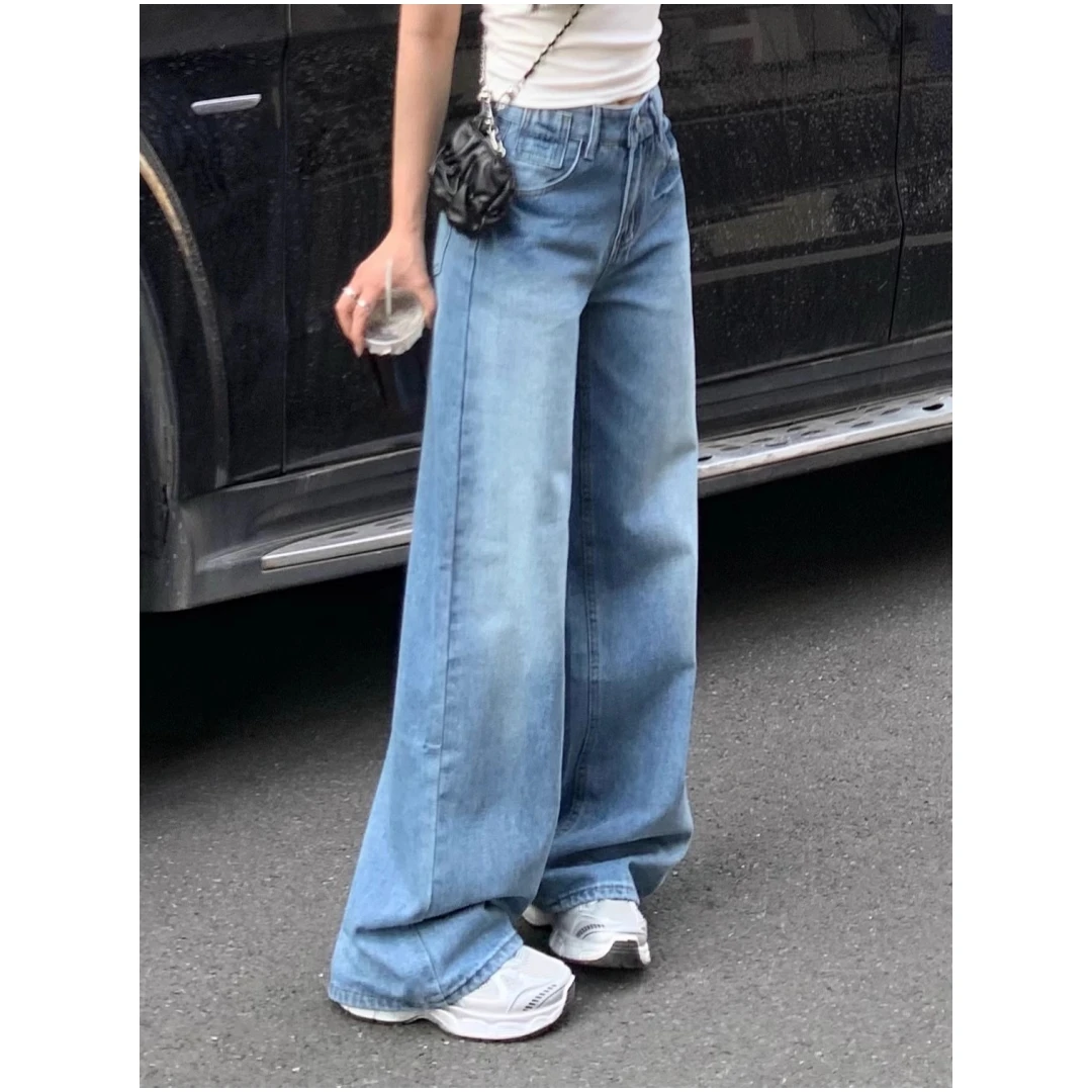 Korean reviews y2k jeans low waist baggy jeans for women 2025 spring summer retro loose blue washed wide leg pants