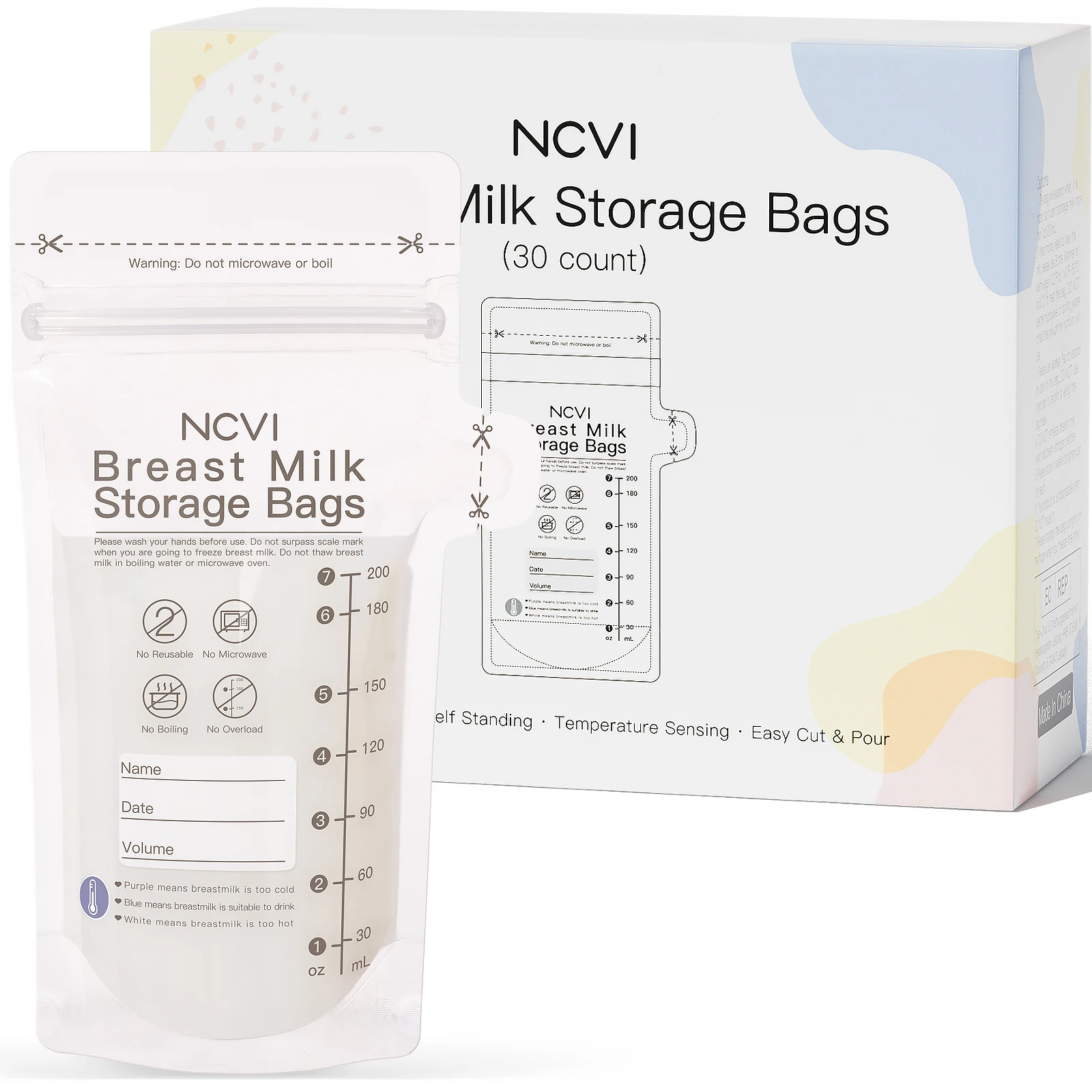 NCVI breastmilk úložný pytle, 200ml mléko mrazák pytle pro kojení, temp-sensing, doubled-sealed, BPA svobodné