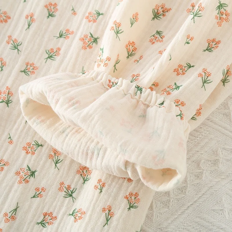 2023 여성 잠옷 순수 코튼 여성 긴팔 바지 라운드 넥 느슨한 Homewear 작은 Fower 인쇄 면화 잠옷 세트