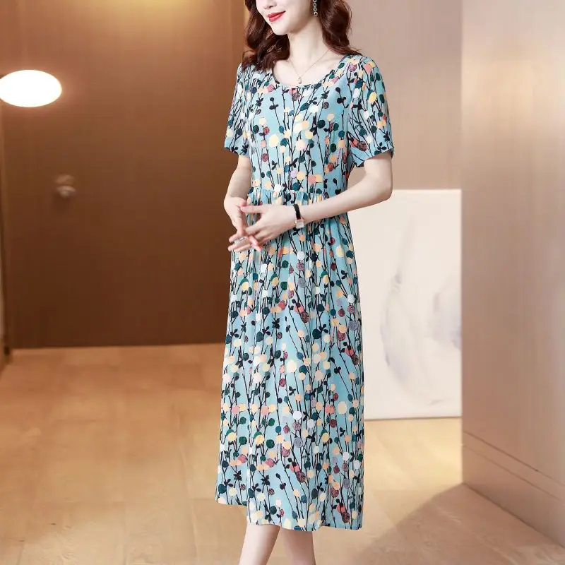 

2024 Women's Summer New Fashion Long O-neck Gauze Dress Female Short Sleeve Loose Dresses Ladies Printed Casual Vestidos X60