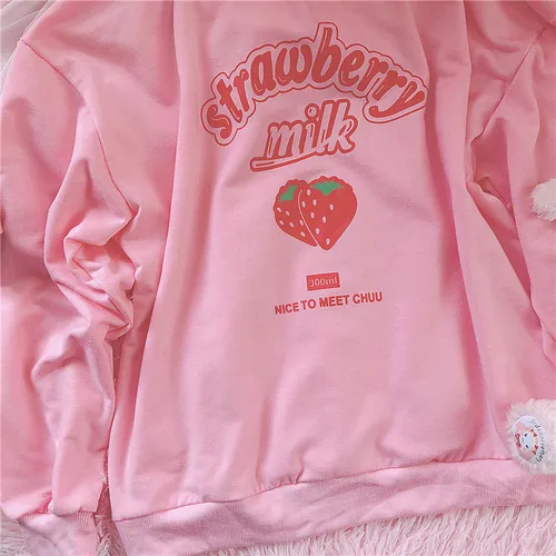 S-3XL 하라주쿠 귀여운 딸기 핑크 스웨트셔츠, Kpop 한국 스타일 플리스, 소녀용 귀여운 탑 아웃웨어, 봄 5