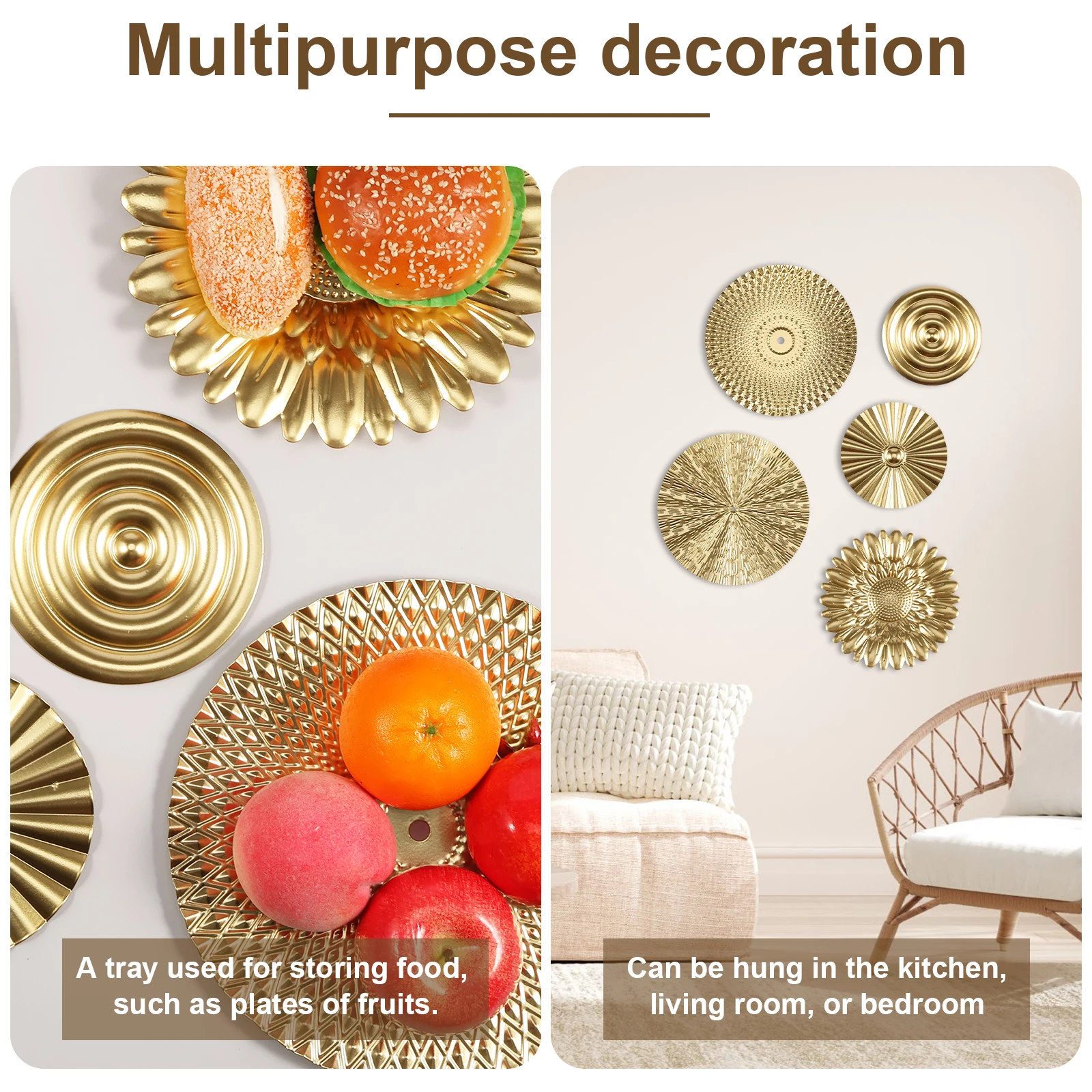 3/5 Pcs Metal Decor Disc Round Golden Wall Decoration Wall Mounted Round Plate Pendant Detachable Decor Disc for Home Decoration