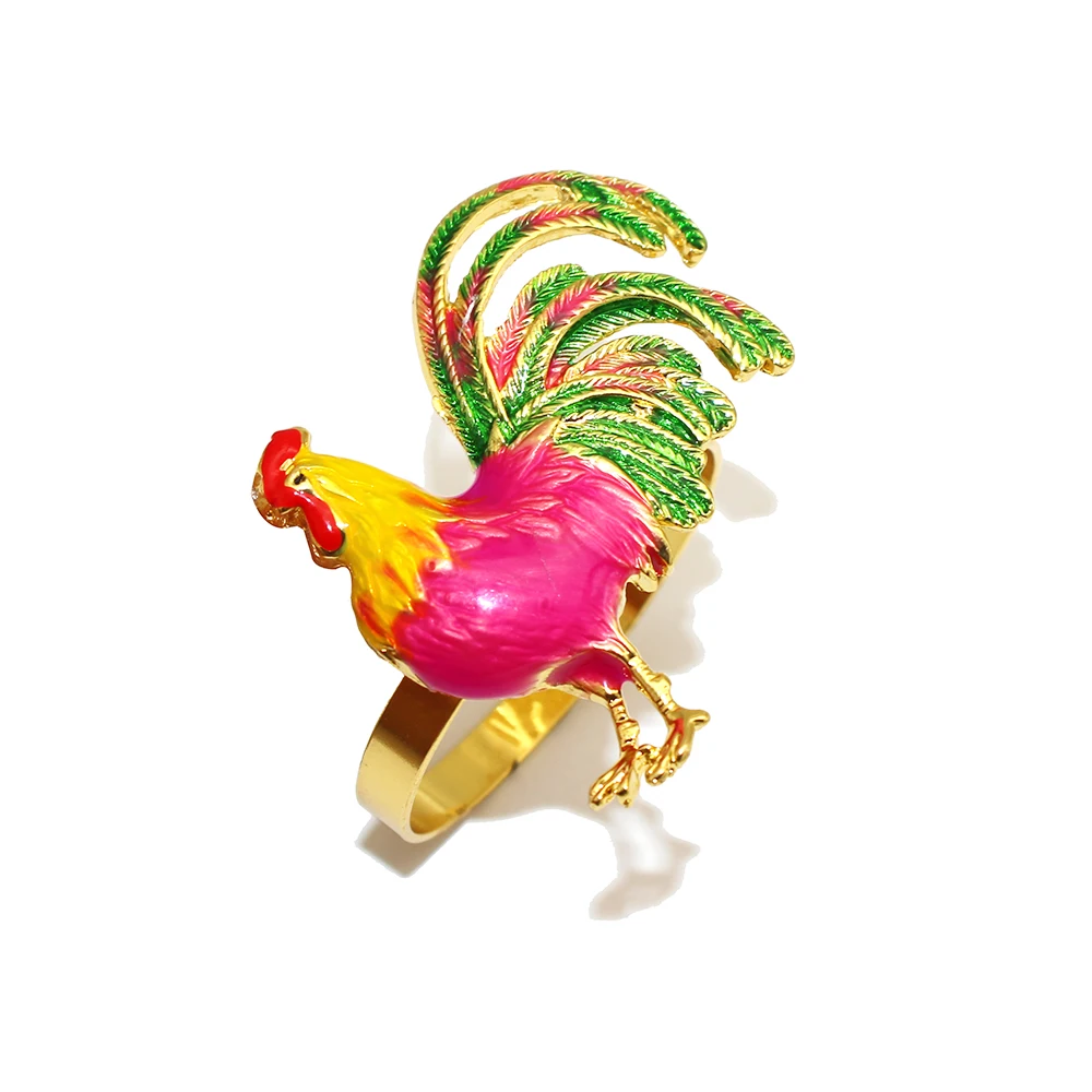 6Pcs Trendy Big Rooster Napkin Rings Multicolor Enamel Animal Napkin Holder for Wedding Banquet Decor French Jewelry Gift HWE108