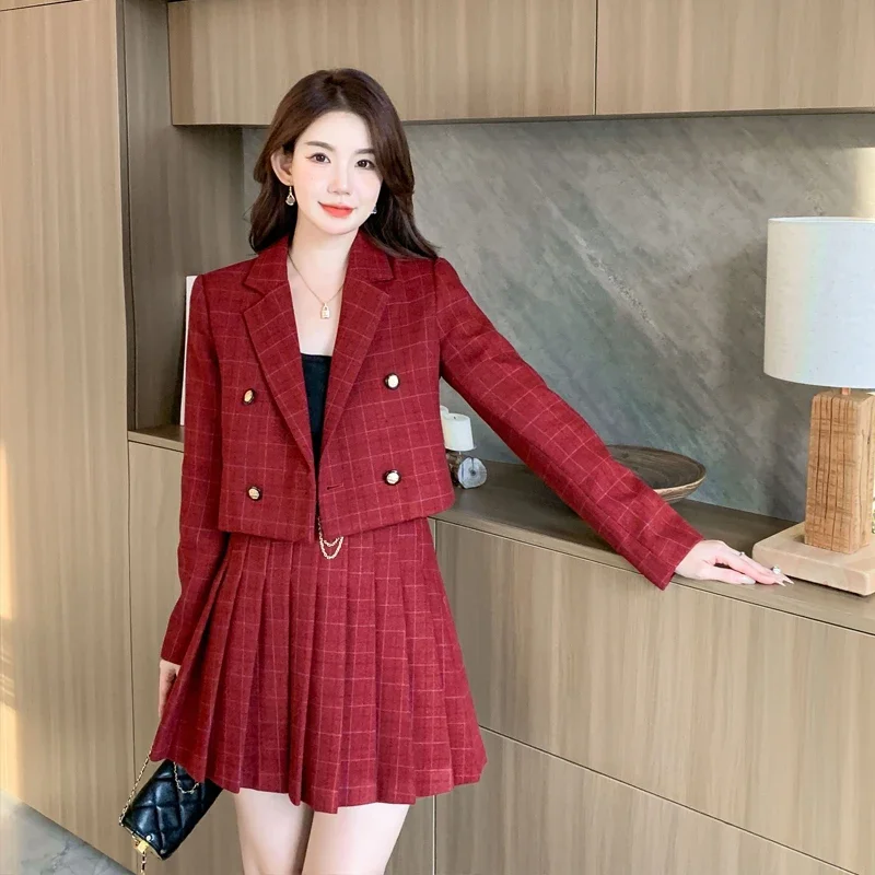 

UNXX 2024 Autumn/winter British Style Woolen Short Blazer Suits Pleated Skirt Suit Vintage Plaid Woolen Suit Skirt Two-piece Set