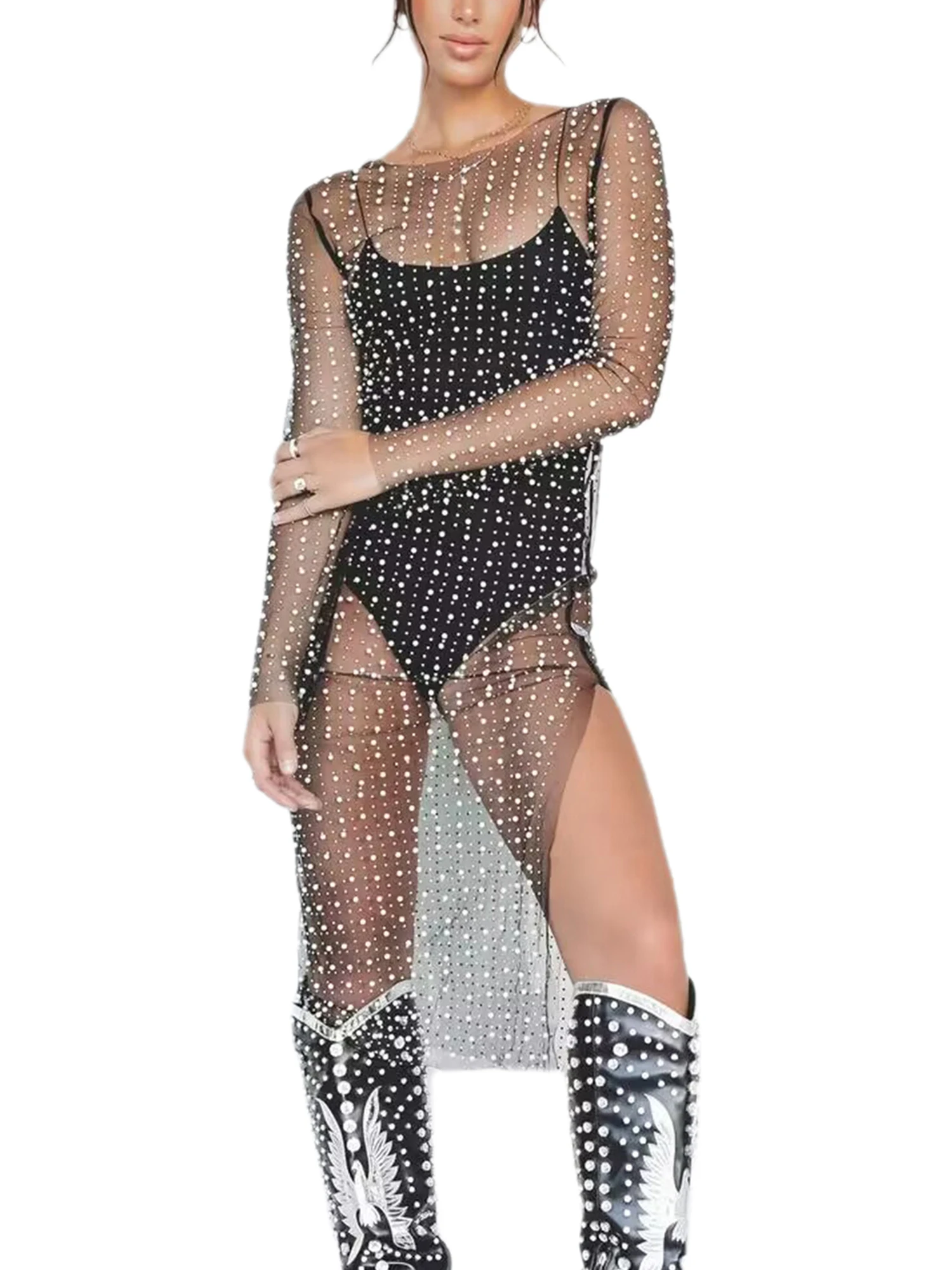 

Faretumiya Women Pearl Sheer Rhinestone Mesh Slit Cover Up Dress Sparkly Bikini Bathing Suit Cover Ups Ad Black
