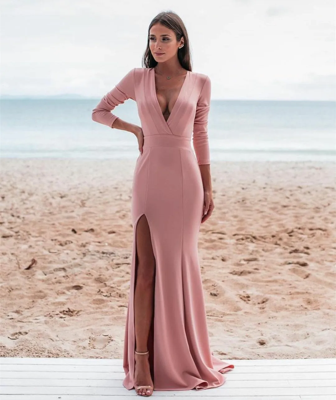 

JEHETH Sexy Pink Mermaid Prom Dresses For Girl Deep V Neck Long Sleeves Side Slit Evening Party Dresses Sweep Train فساتين السهر