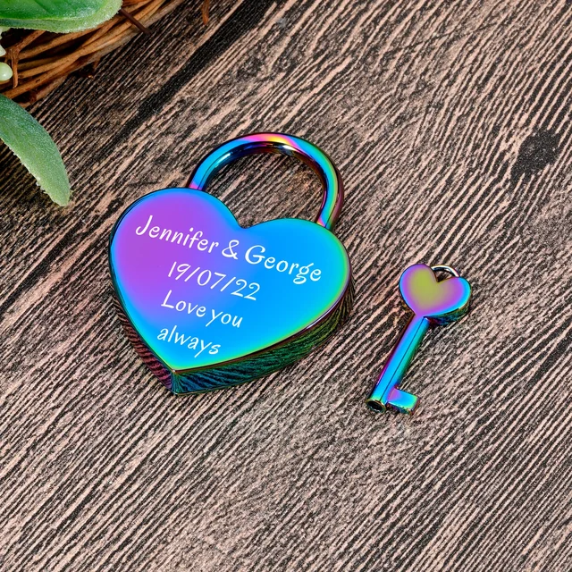 Personalized Couples Rainbow Heart Padlock Engraved Name Date Love Lock with Key for Her Him Valentine's Day Anniversary Gifts 4