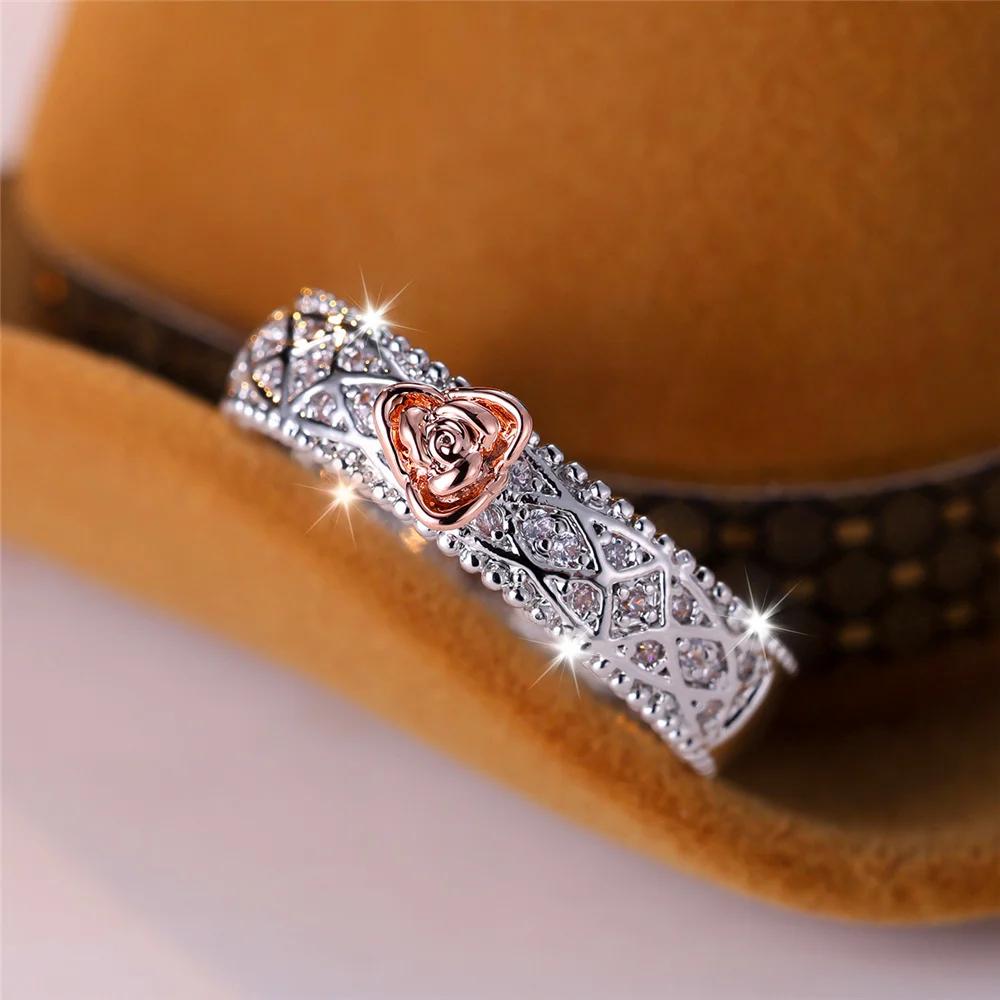 Cute Female White Stone Rose Flower Ring Vintage Silver Color Wedding Jewelry For Women