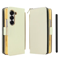Leather RFID Flip Case with Zipper Wallet and Card Slots, Screen Glass Protection, and Touch Pen - Galaxy Z Fold4 (Beige - 2.0)