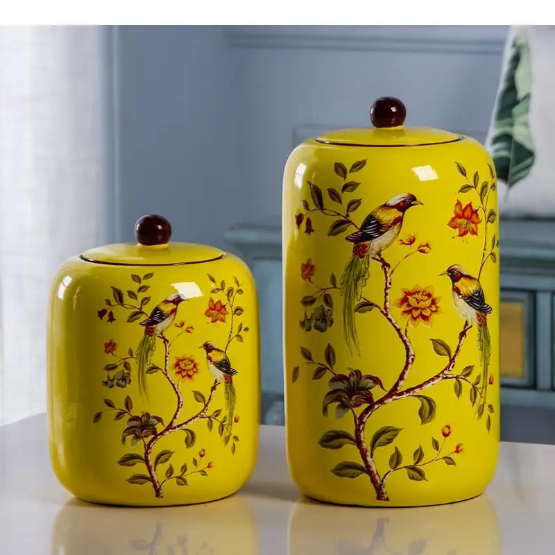 

Flower and Bird Pattern Storage Jar Yellow Ceramic Vases Flower Arrangement Desk Decoration Jewelry Jars Cosmetic Containers