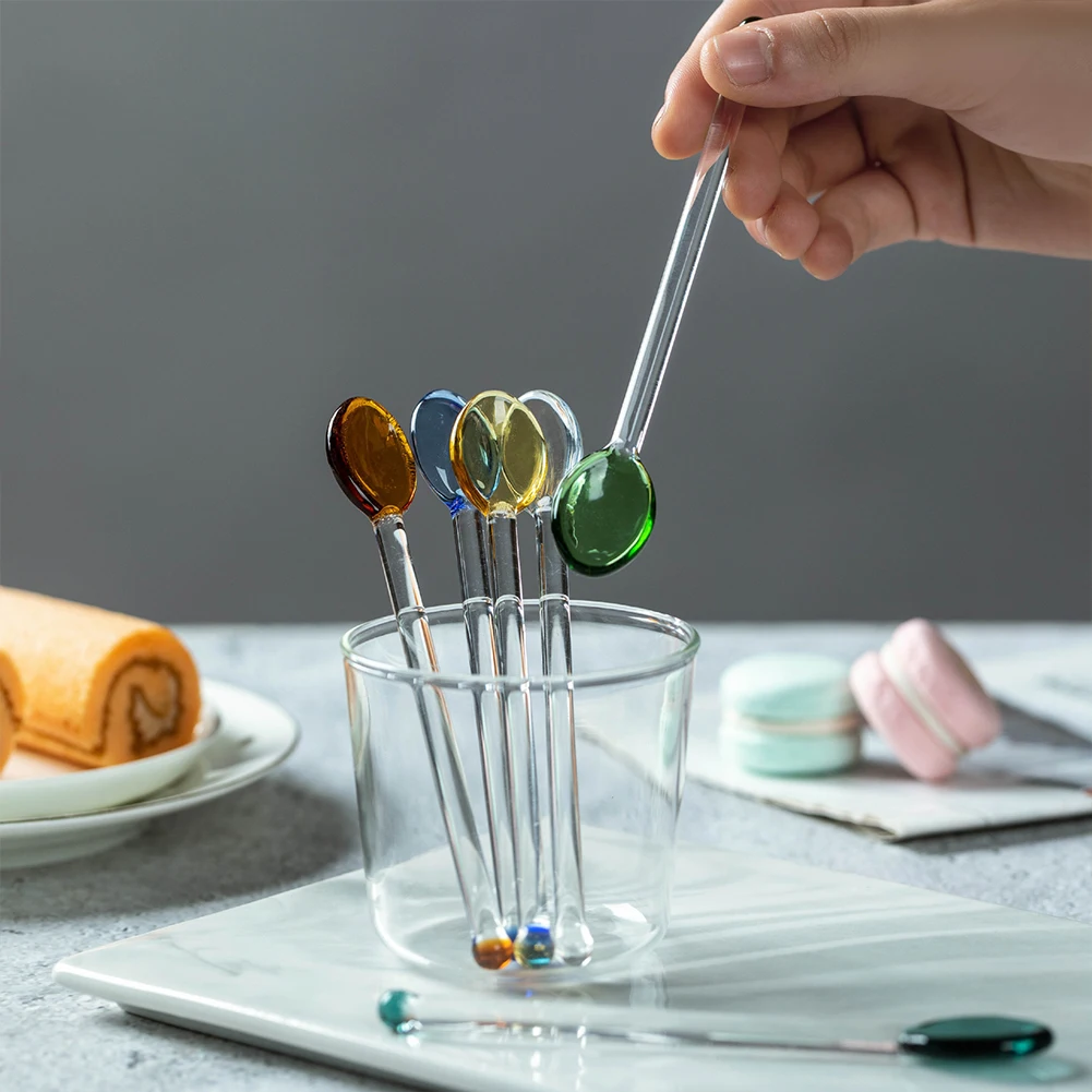 

1pc Glass Milk Spoon Colored Transparent Coffee Dessert Stirring Spoon Long Handle Kitchen Tableware Stirrer Rod