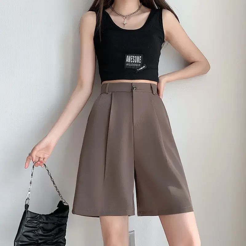 Summer  Loose Casual Solid Color Knee Length Suit Pants Ladies High Waist All-match Wide Leg Chiffon Shorts Women's Clothing